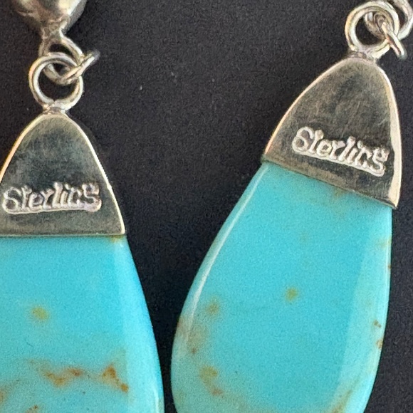 Turquoise Sterling Silver Teardrop Dangle Statement Dangle Earrings - Picture 7 of 9